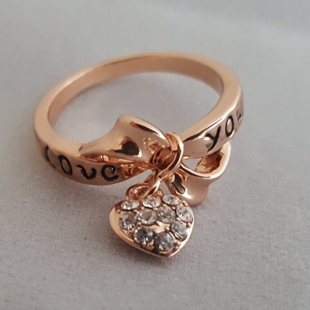 Rose Gold 18k Pave Swarovsky Crystal Heart Charm Ring Engraved w/ Love You